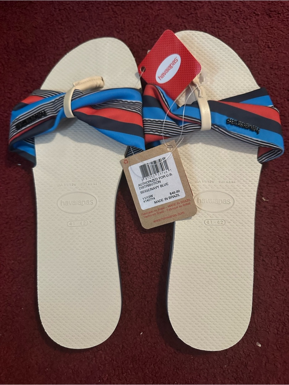 Havaianas Women's Cream Flip-Flop Sandals with Blue & Red Striped Bow